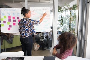 Two women collaborating on project strategy using notes in modern office.