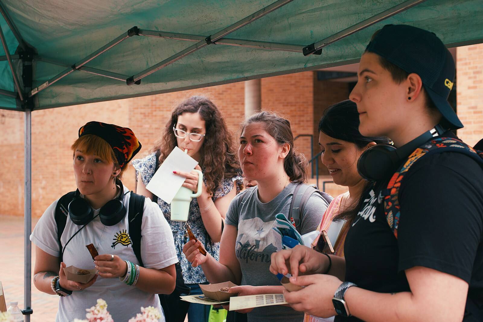 People gather at an outdoor event, looking at something